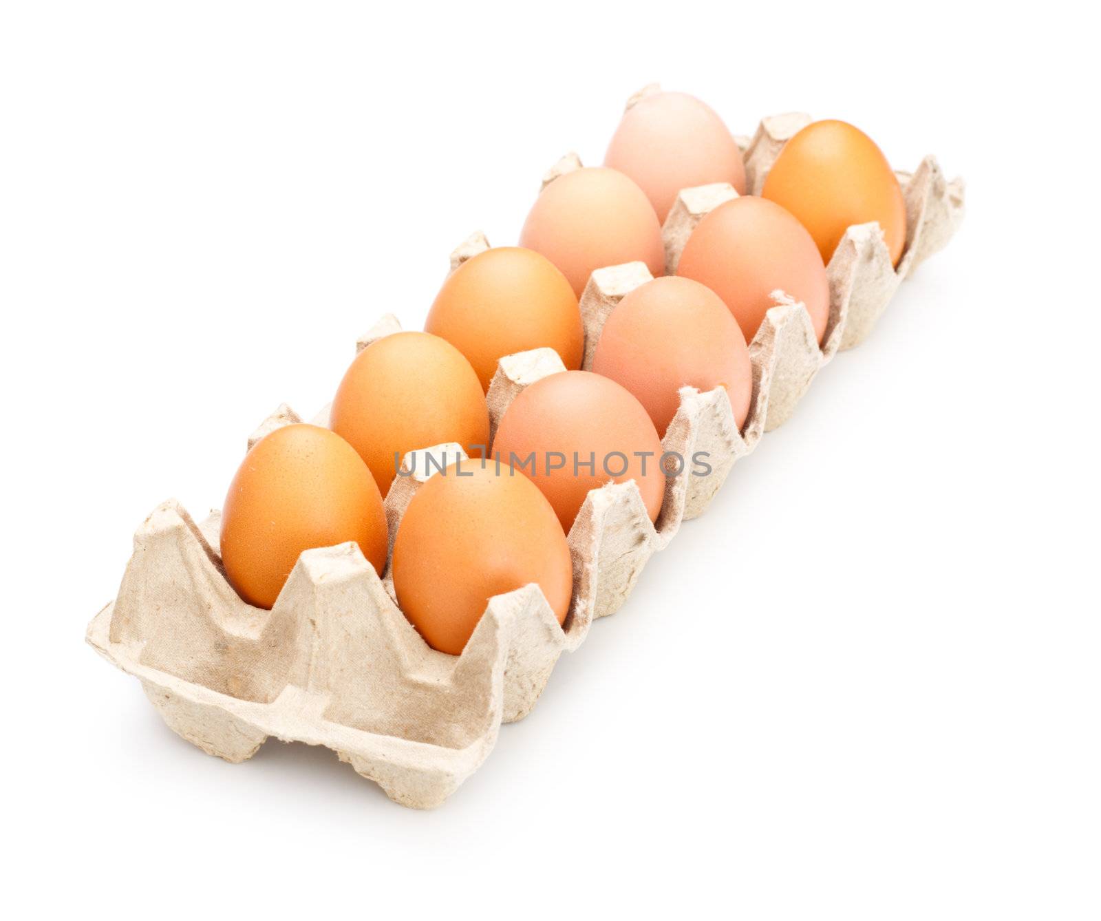 eggs in carton tray isolated on white