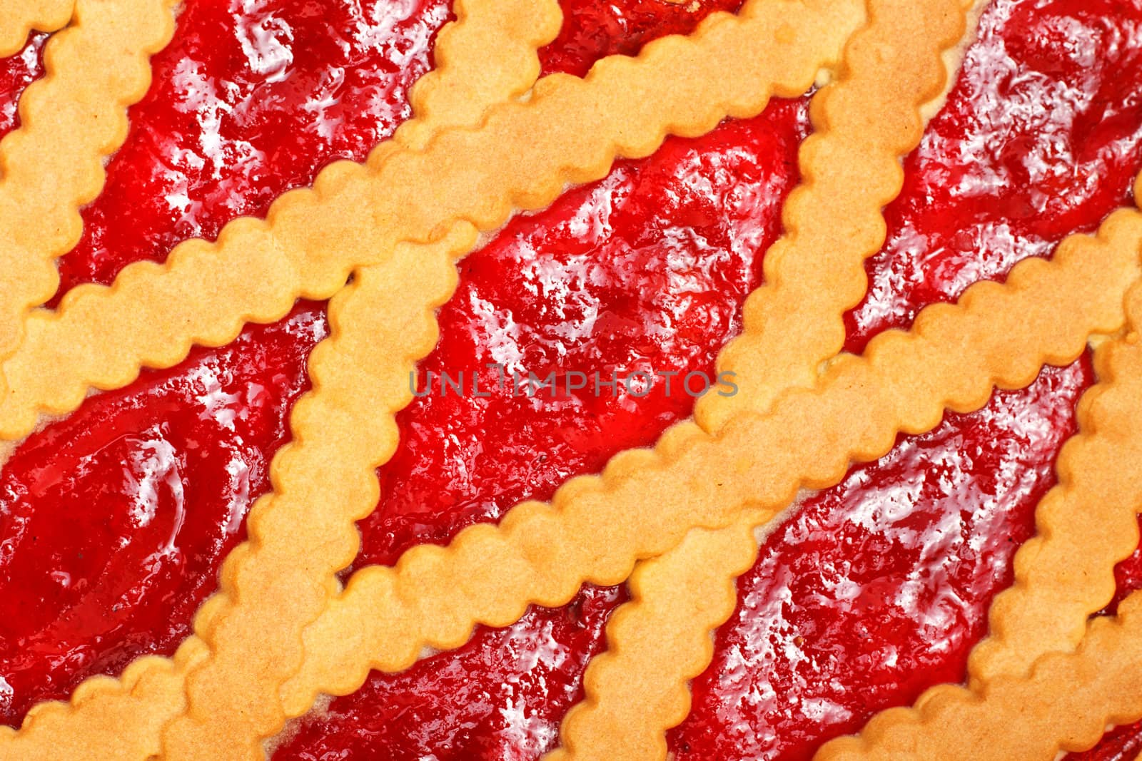 pie with cherry jam close up, top view