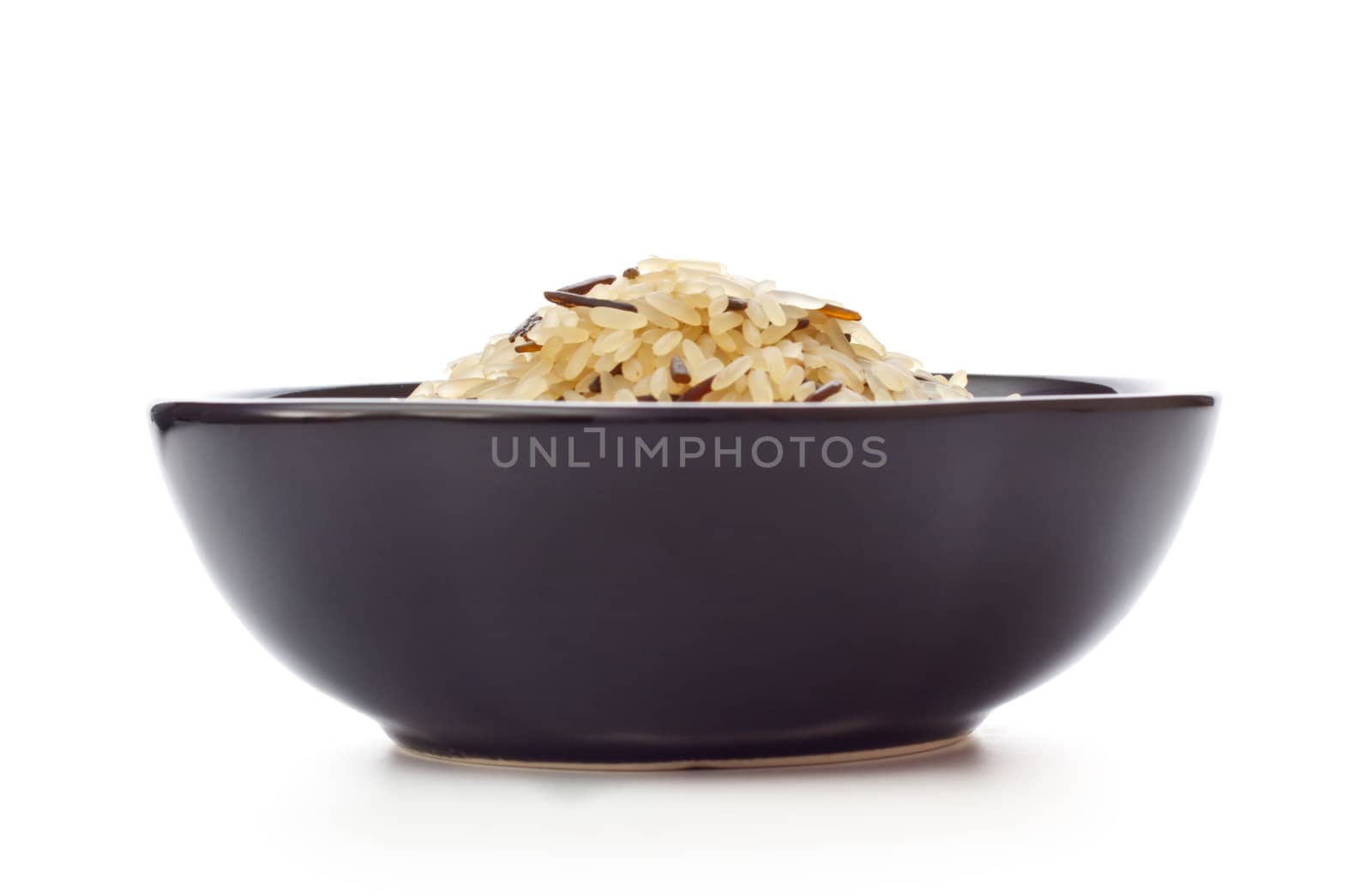 black bowl with rice isolated on white