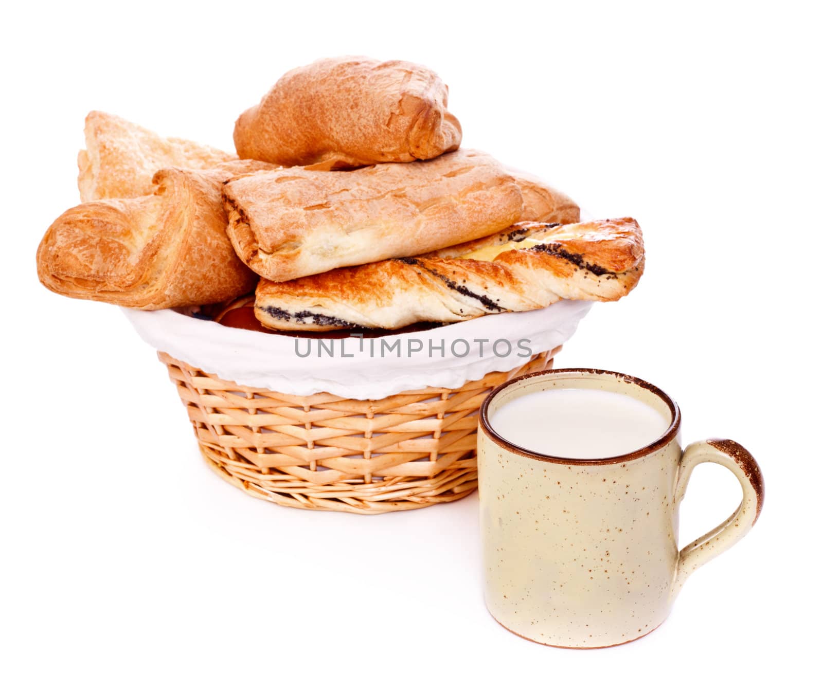 basket with buns and mug of milk on white