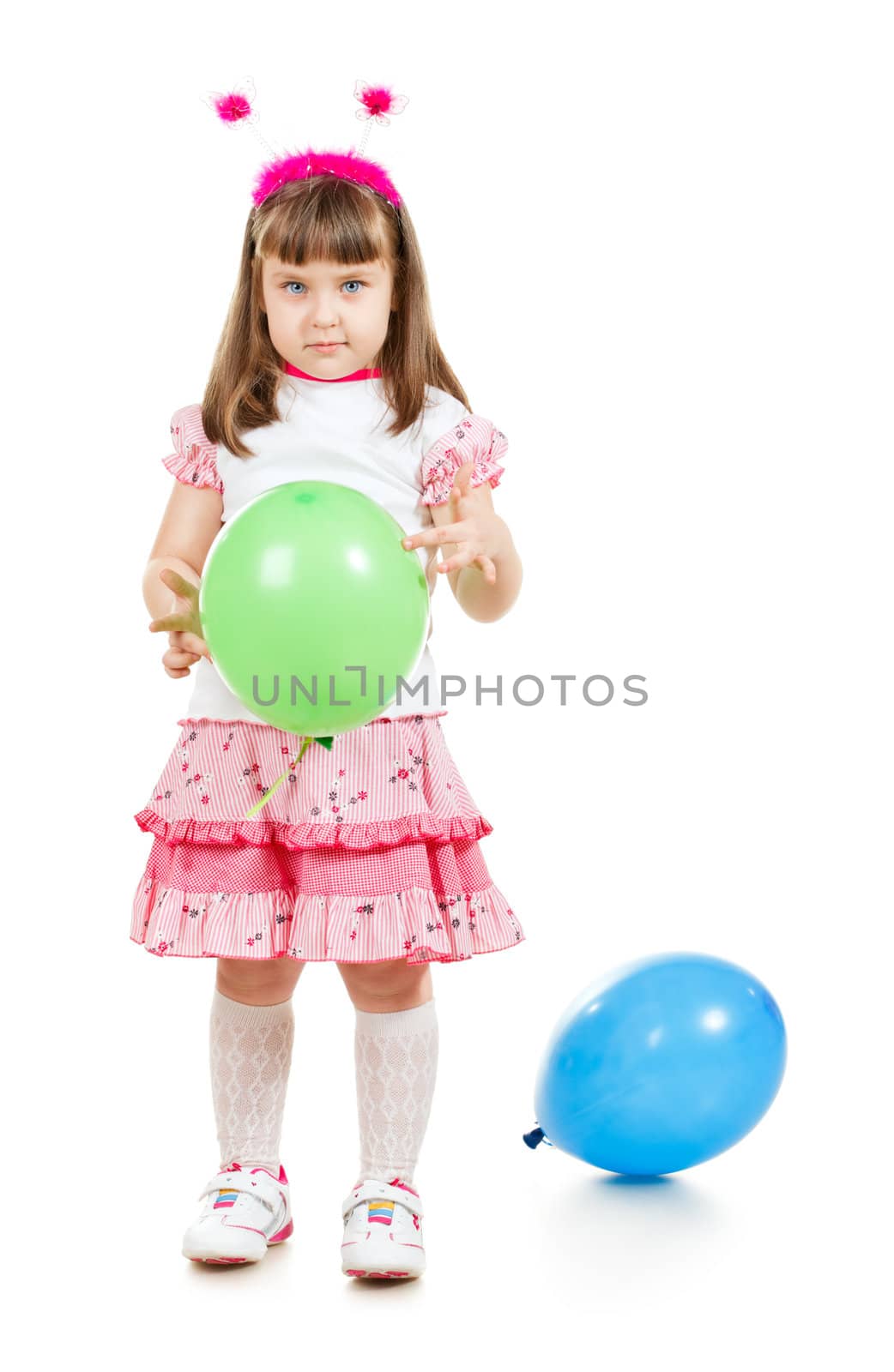 funny little girl with balloons, isolated on white