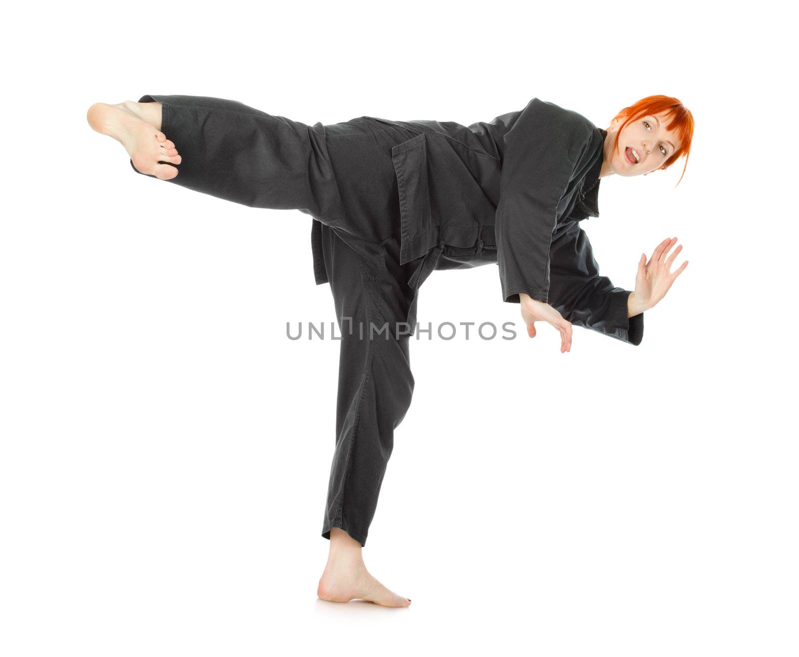 girl in black kimono exercise, isolated on white