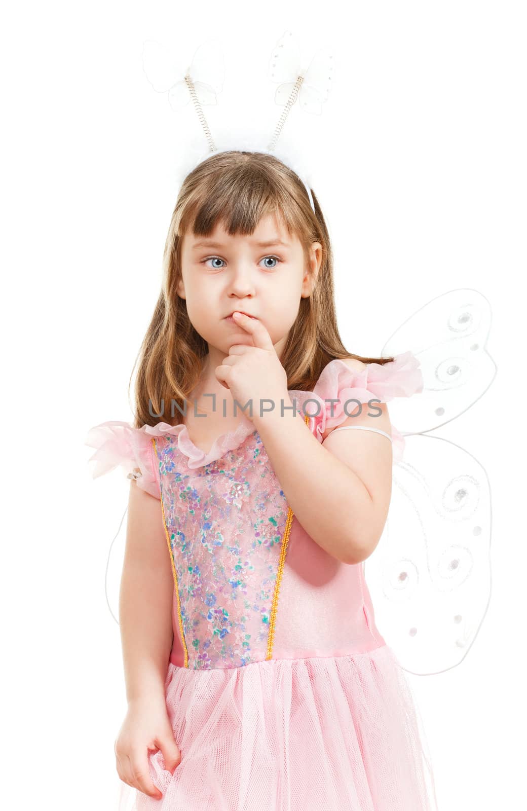 sad girl with butterfly wings isolated on white