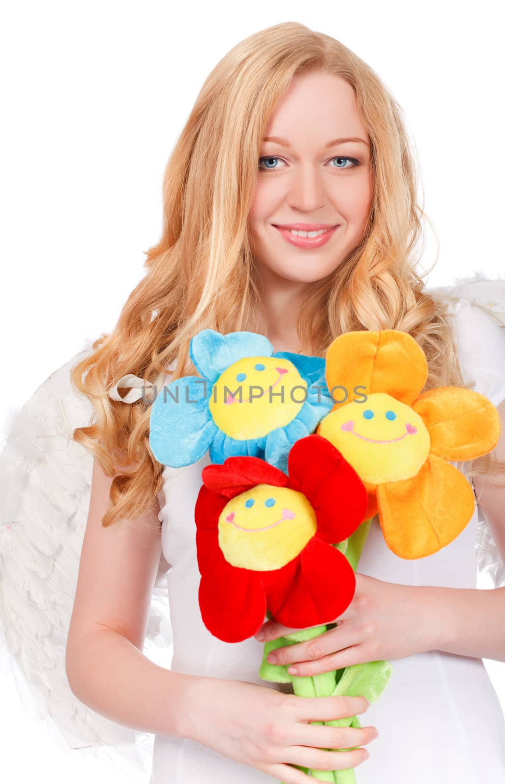 portrait of pretty smiling woman with funny artificial flowers