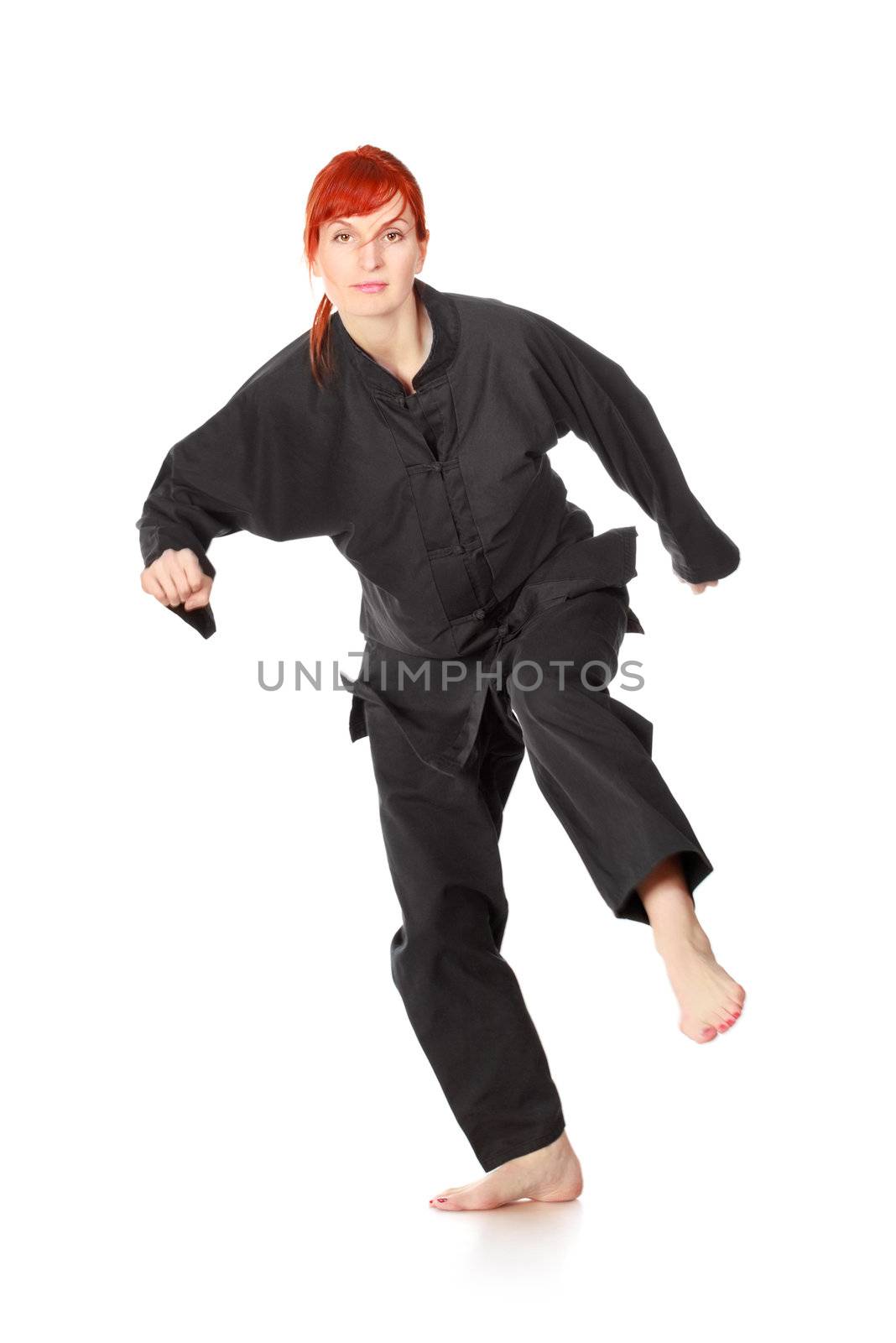 girl in black kimono bows, isolated on white