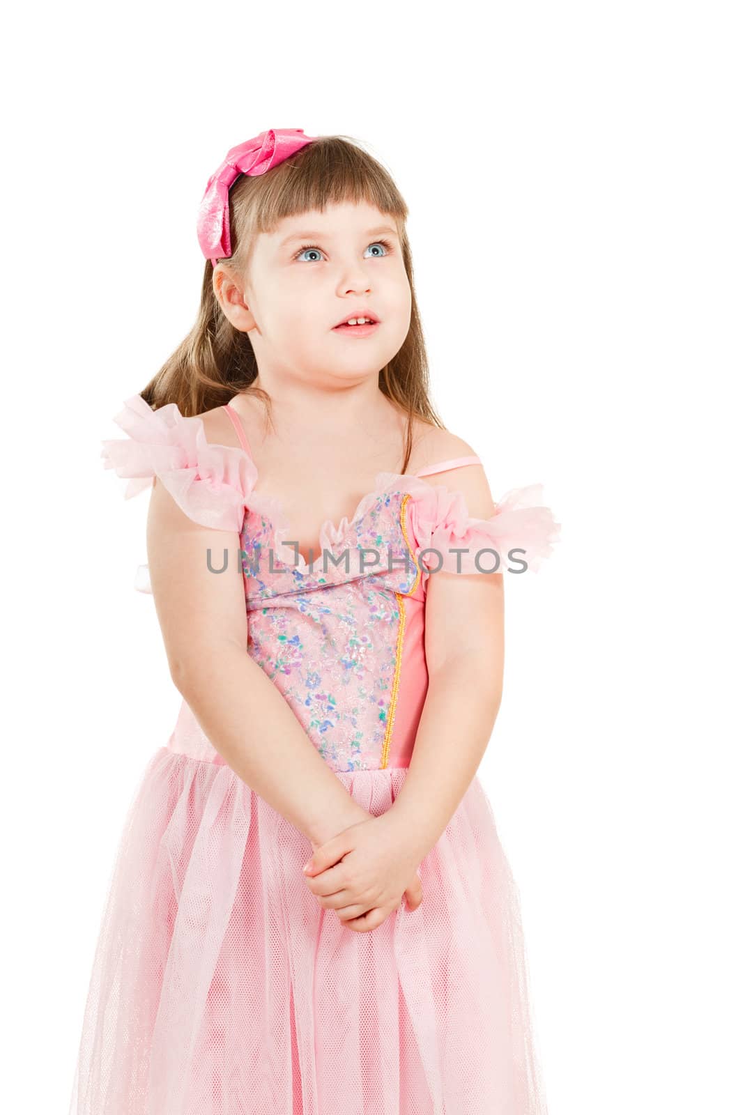 little girl looking up isolated on white background