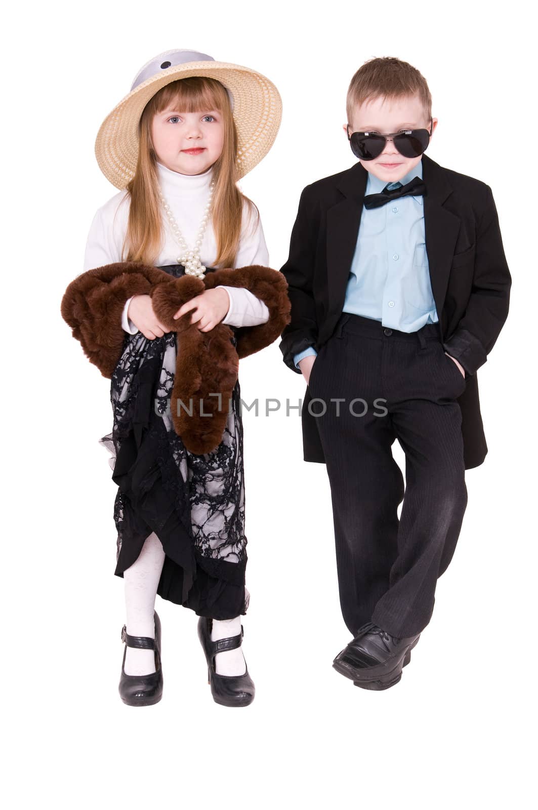girl in hat and boy in a black suit isolated on white background