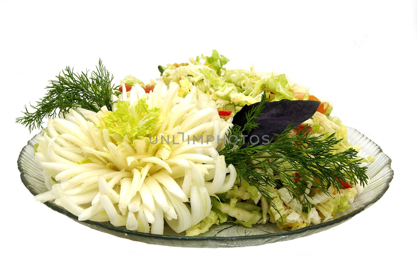 cabbage salad on a white plate on white background