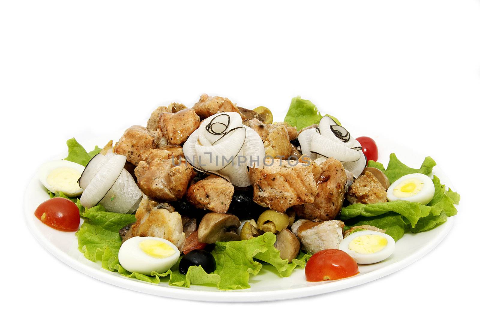 fish meat salad on a plate on a white background