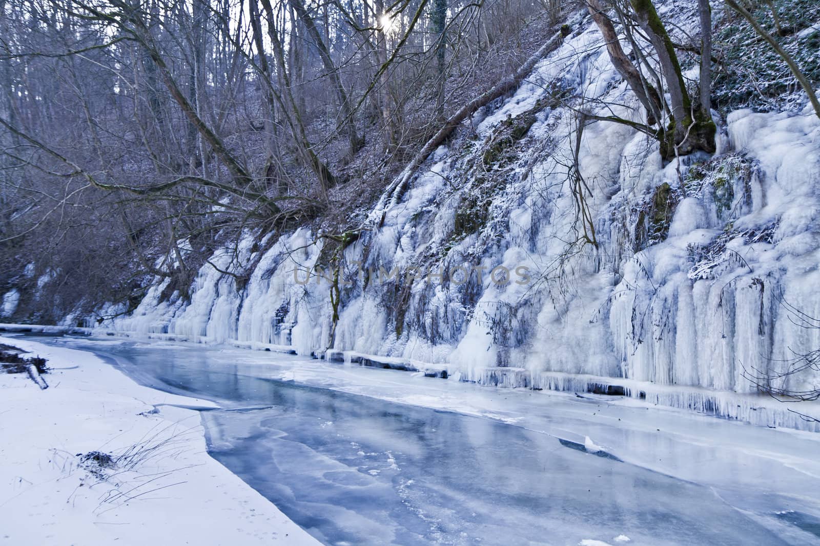 frozen river with ice. rural scene in south germany