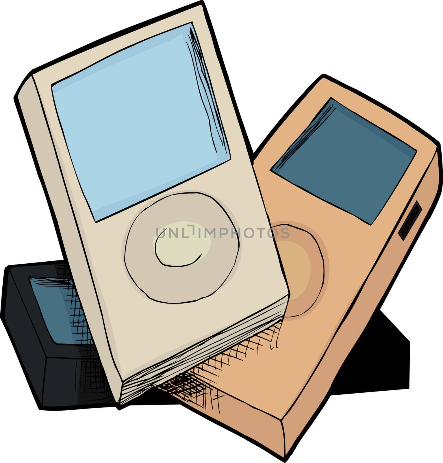 Three digital devices in a pile over white background