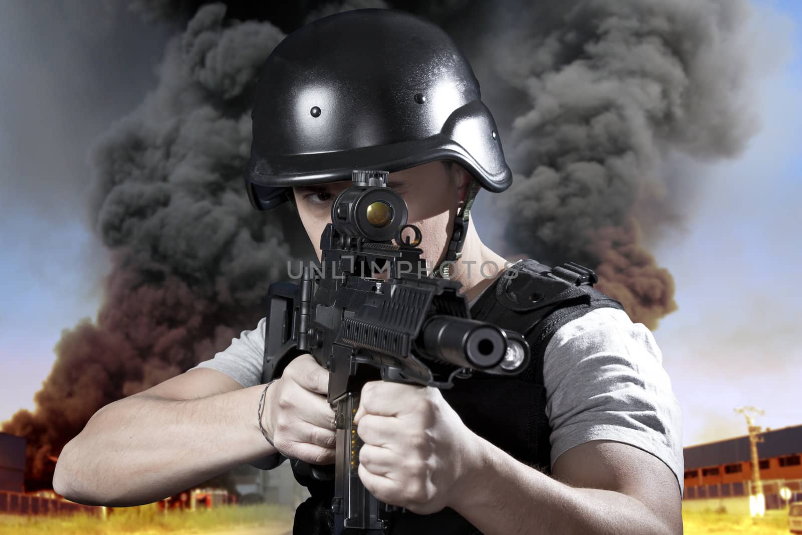 Person, explosion in an industry, armed police wearing bulletpro by FernandoCortes