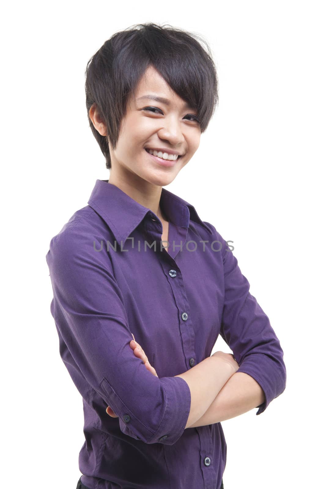 Short hair Asian Educational/Business woman on white background