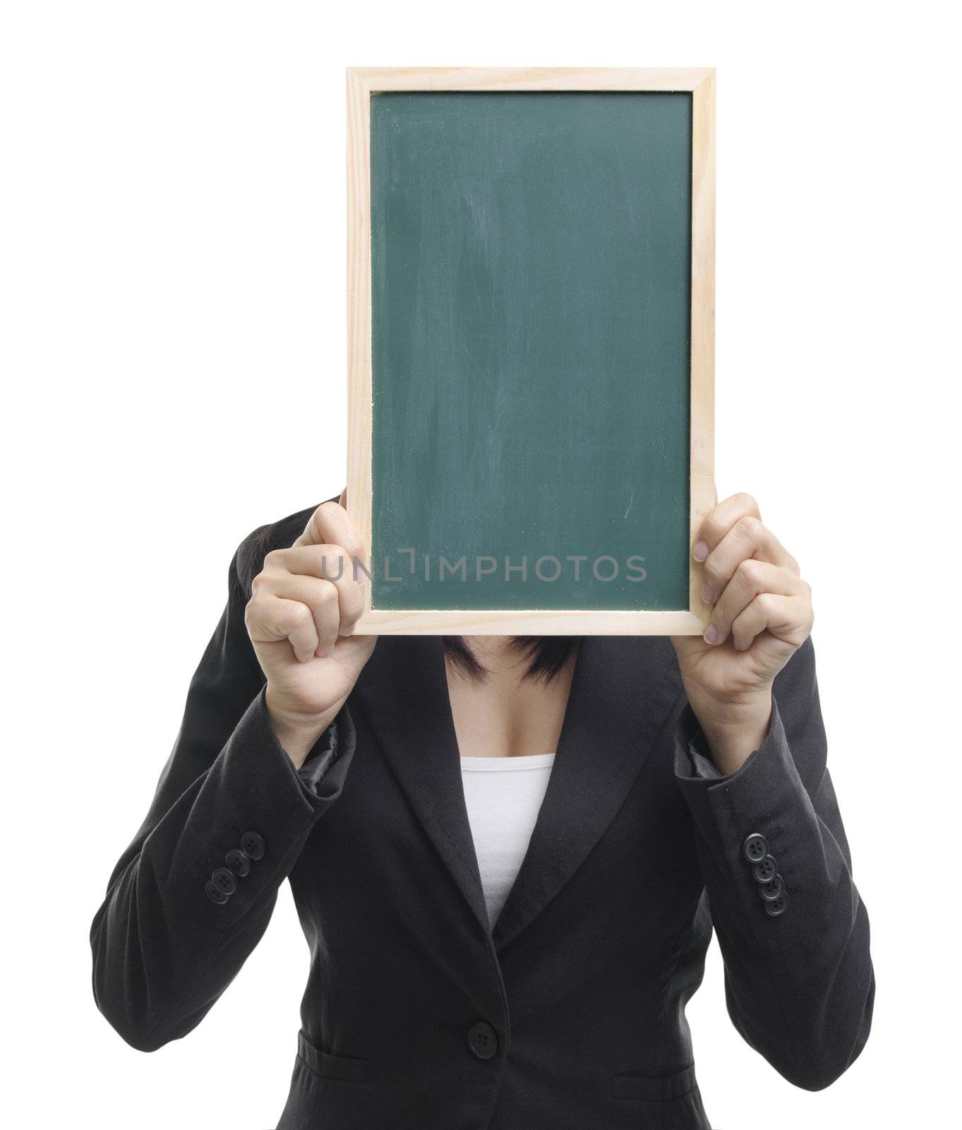 Concept photo of Asian woman holding a blank blackboard, covering her face.