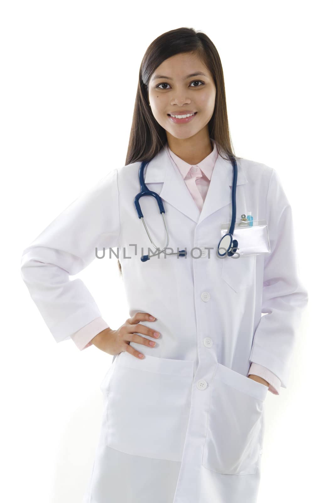 Asian female doctor portrait on white background