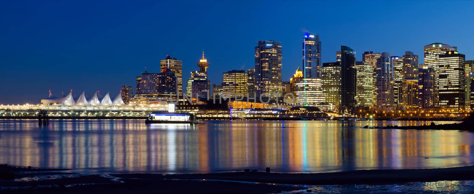 Vancouver BC Canada City Skyline Reflection at Blue Hour Panorama