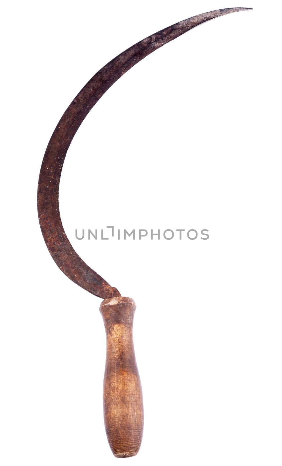 Old rusty sickle isolated on a white background