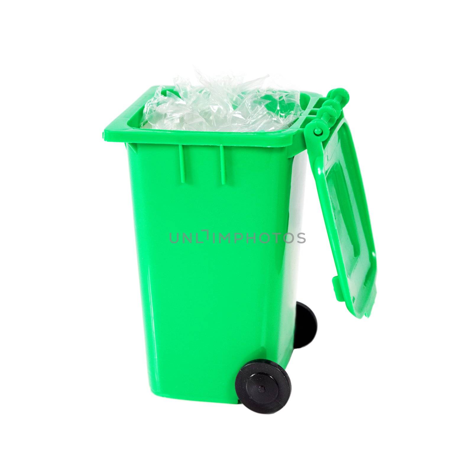 full green recycling bin with plastic