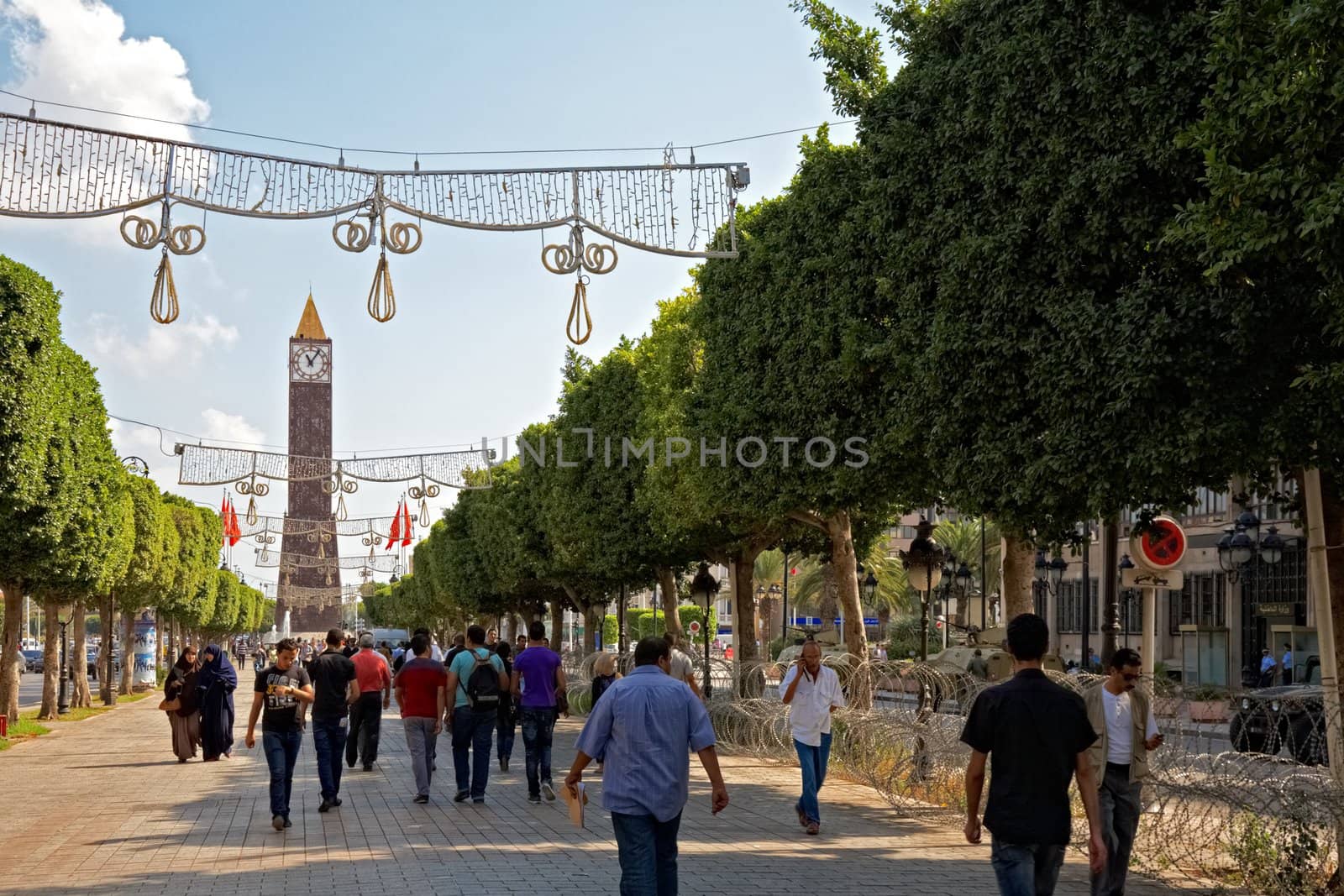 TUNIS, TUNISIA - OCTOBER 5: Barbed wire entanglement on Avenue Habib Bourguiba close to Monumental Clock on October 5 in Tunis. Higher security measures before the first election after Jasmine revolution.