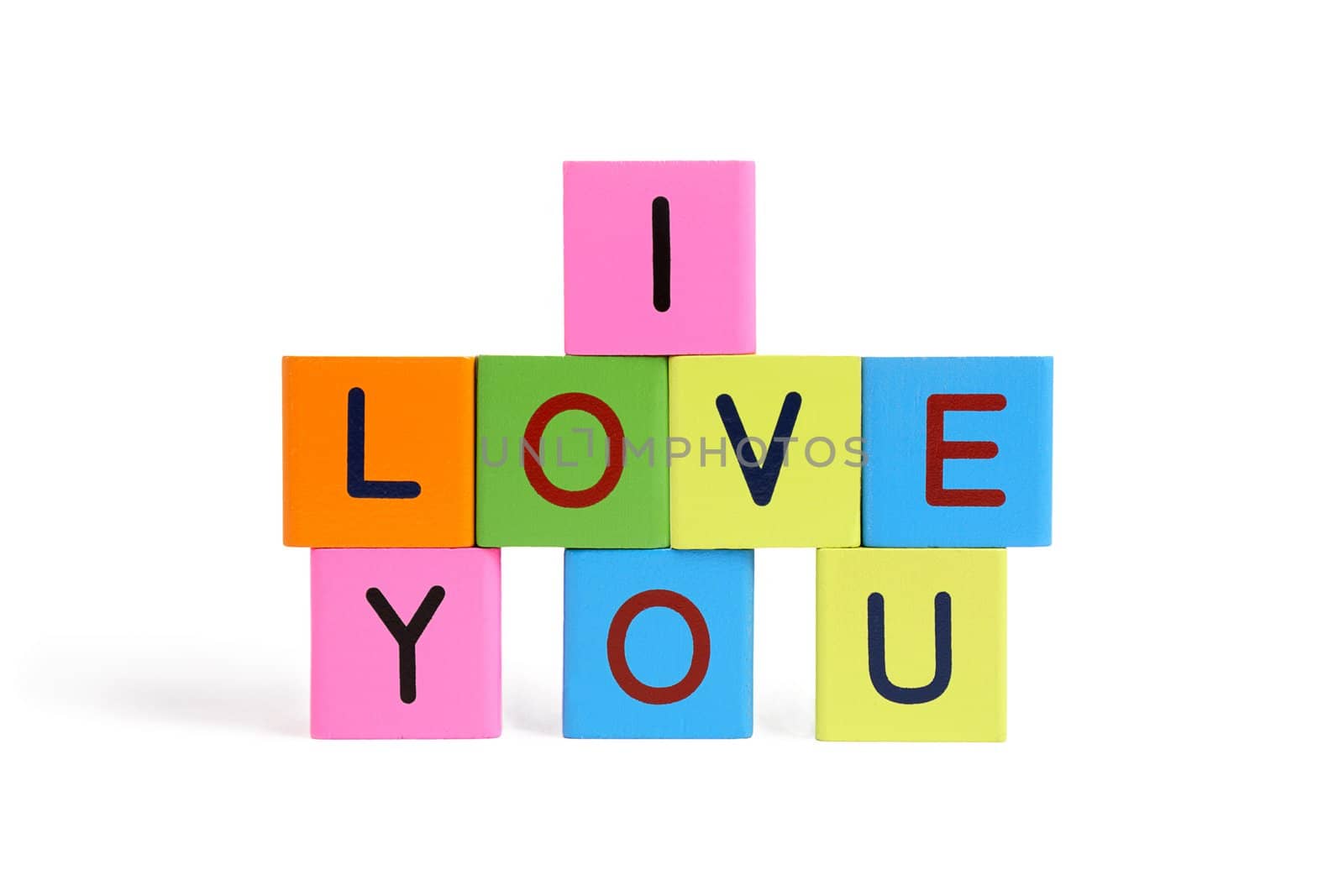 phrase "I love you" formed from wooden letter blocks