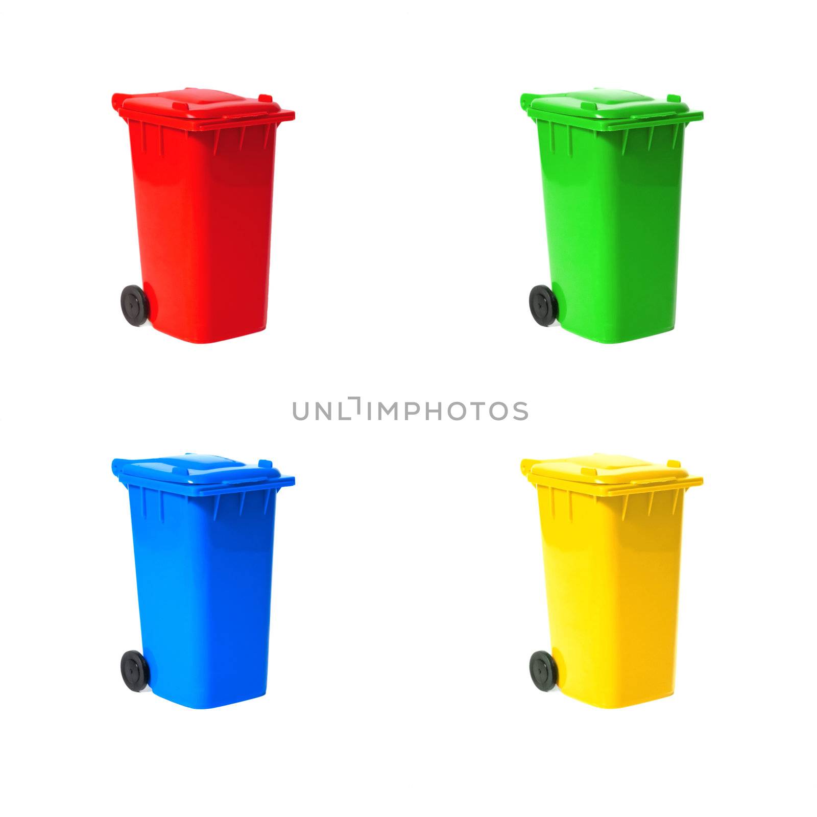 set of various empty recycling bins on white background