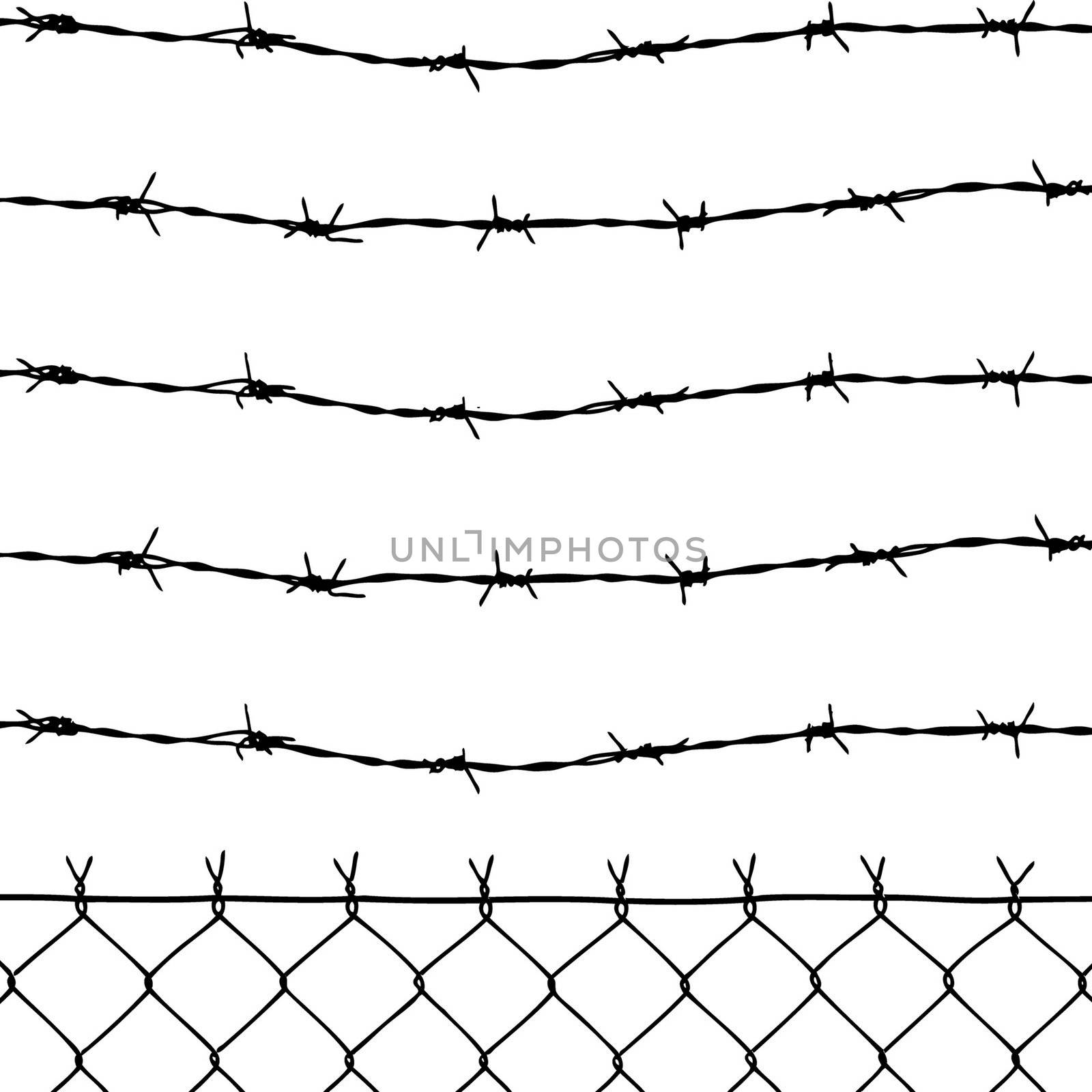 wired fence with five barbed wires isolated on white background