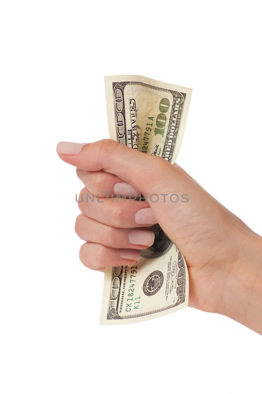 woman hand squeezing hundred dollars