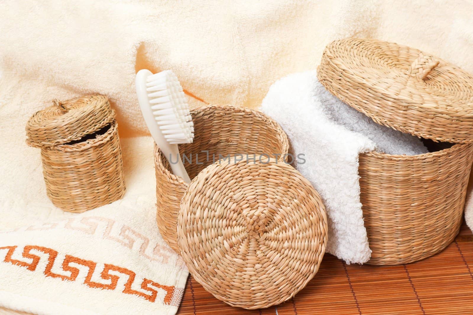 woven baskets with bath accessories