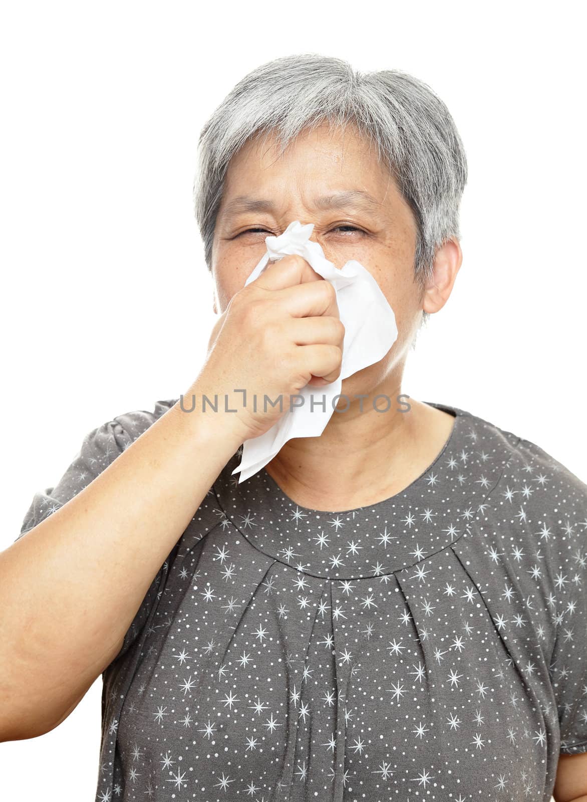 sneezing mature woman by leungchopan