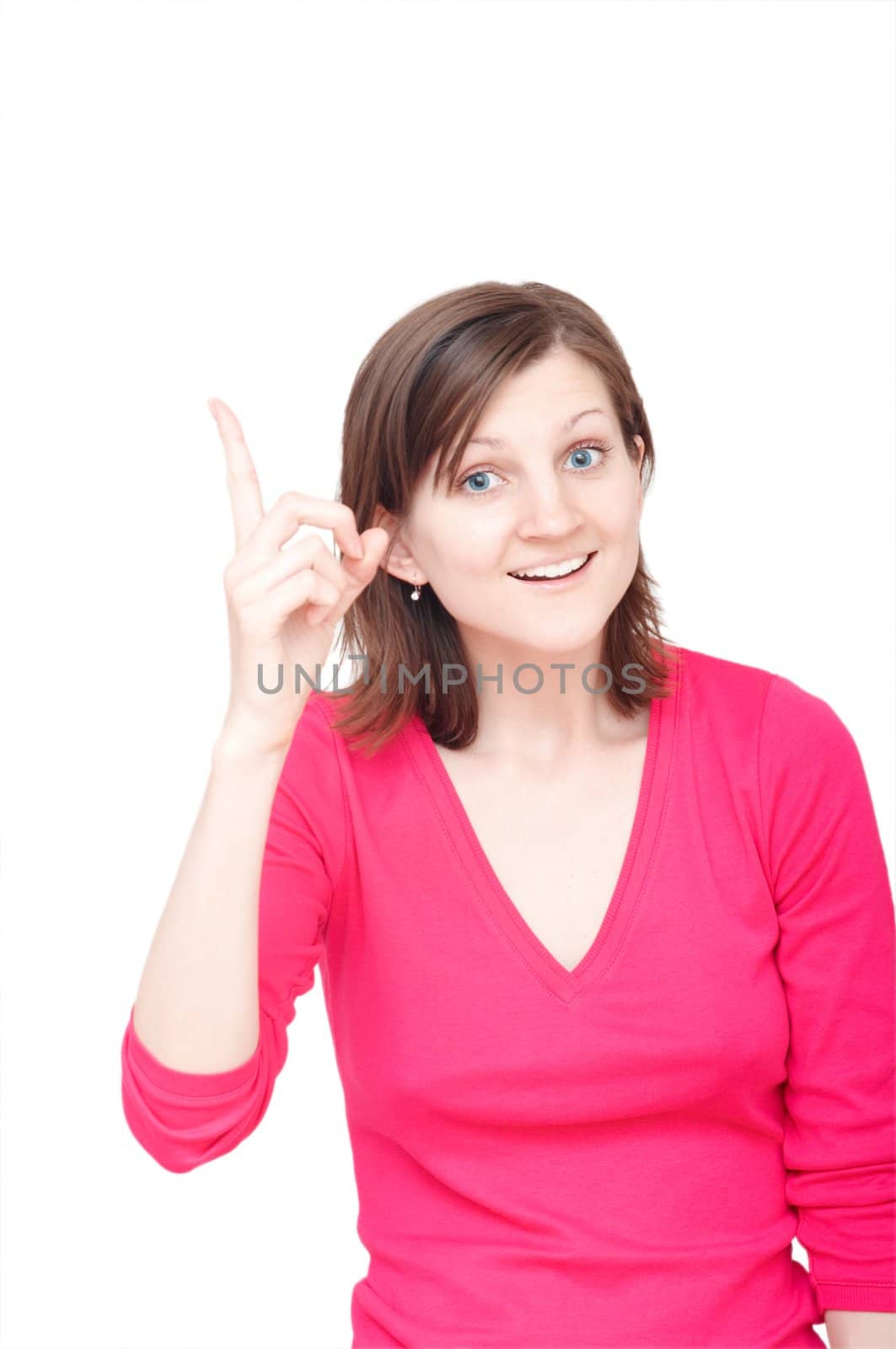 smiling woman pointing up on the white background