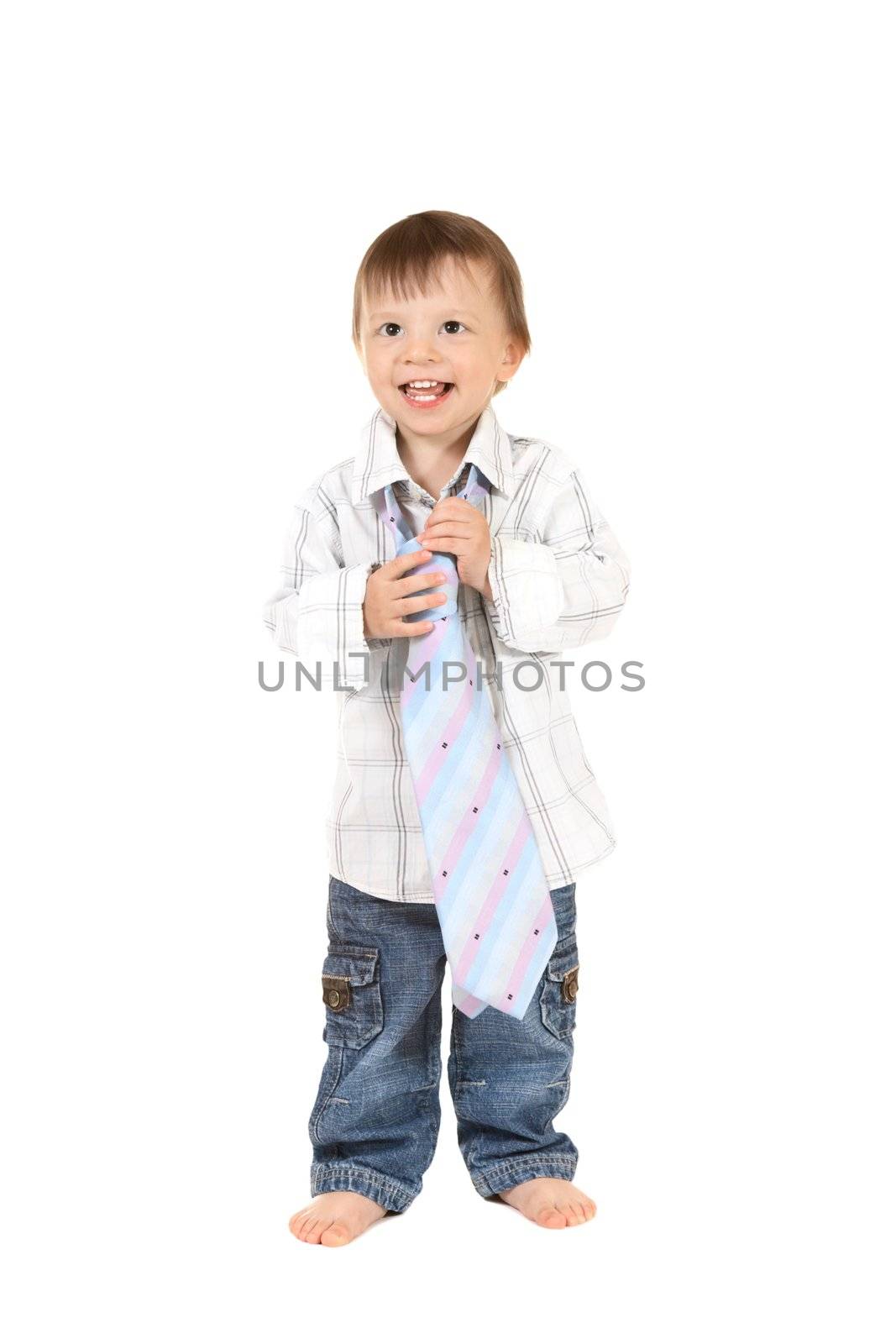 smiling baby in shirt with necktie