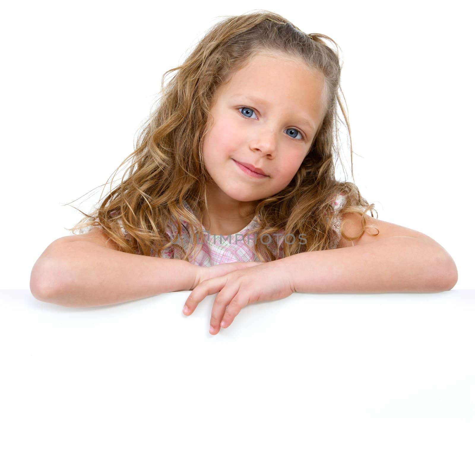 Close up Portrait of little girl with white copy space. Isolated on white background.