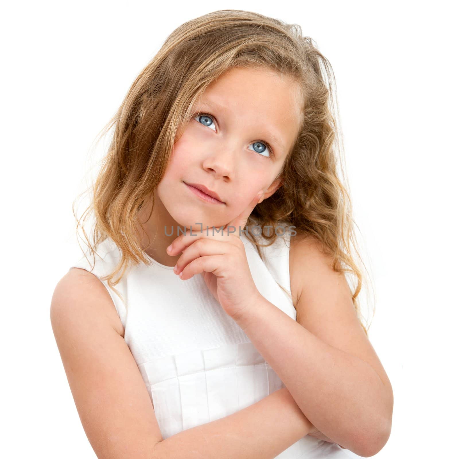 Close up Portrait of cute little girl with wondering face expression. Isolated on white background.
