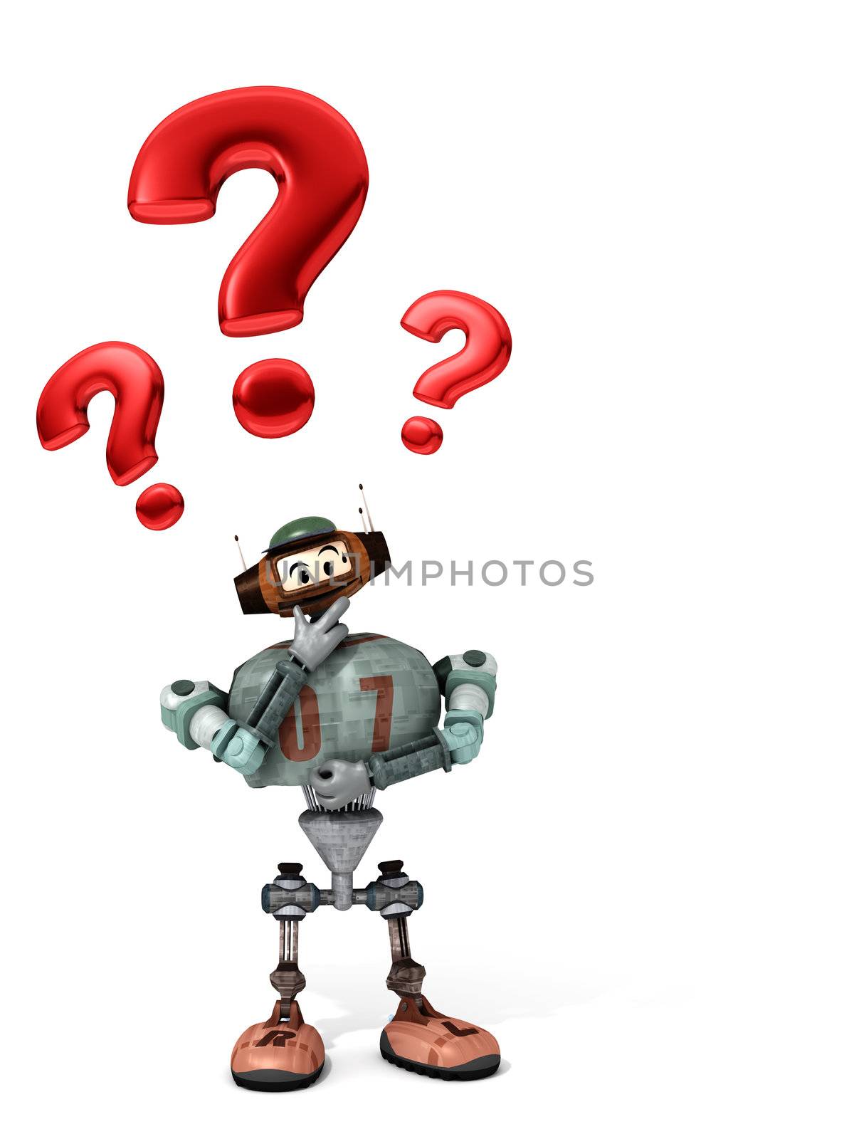 Djoby the robot surprised and anxious with a white background