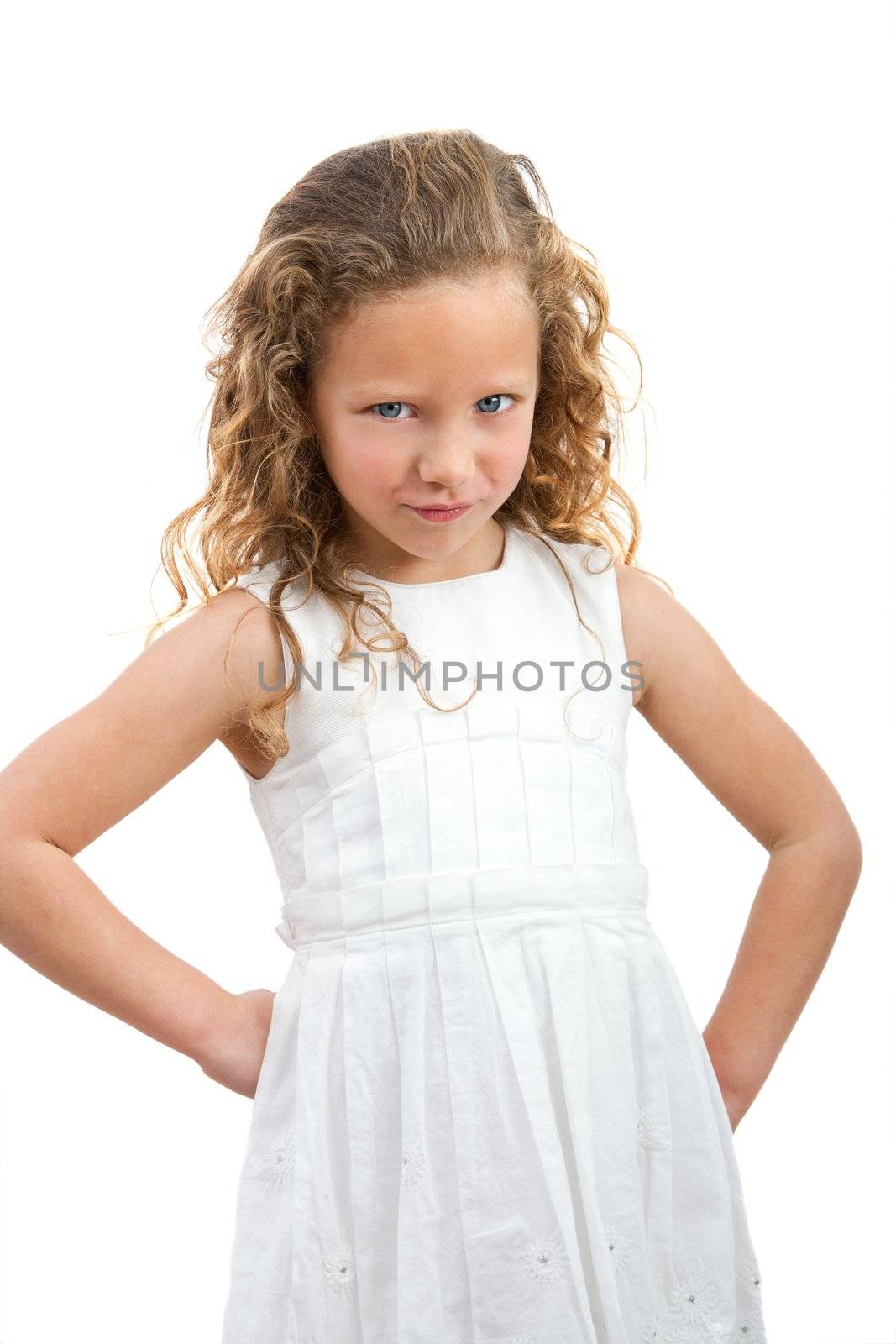 Portrait of  little girl with angry face expression. Isolated on white background.