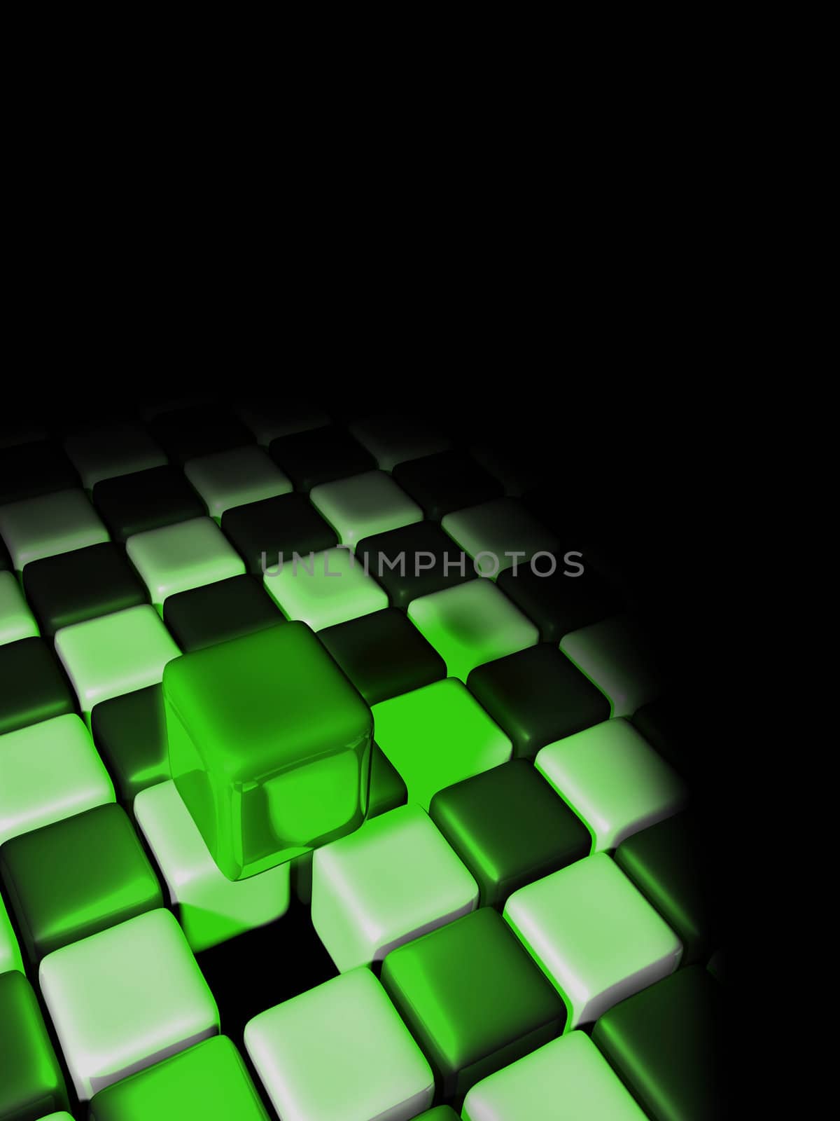 Green cube above other cubes with a black background by shkyo30