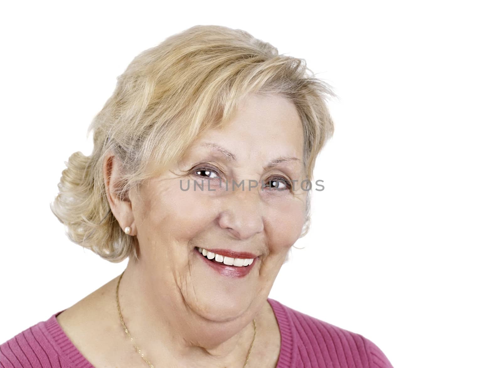 Portrait of a happy senior woman over white background, great details.