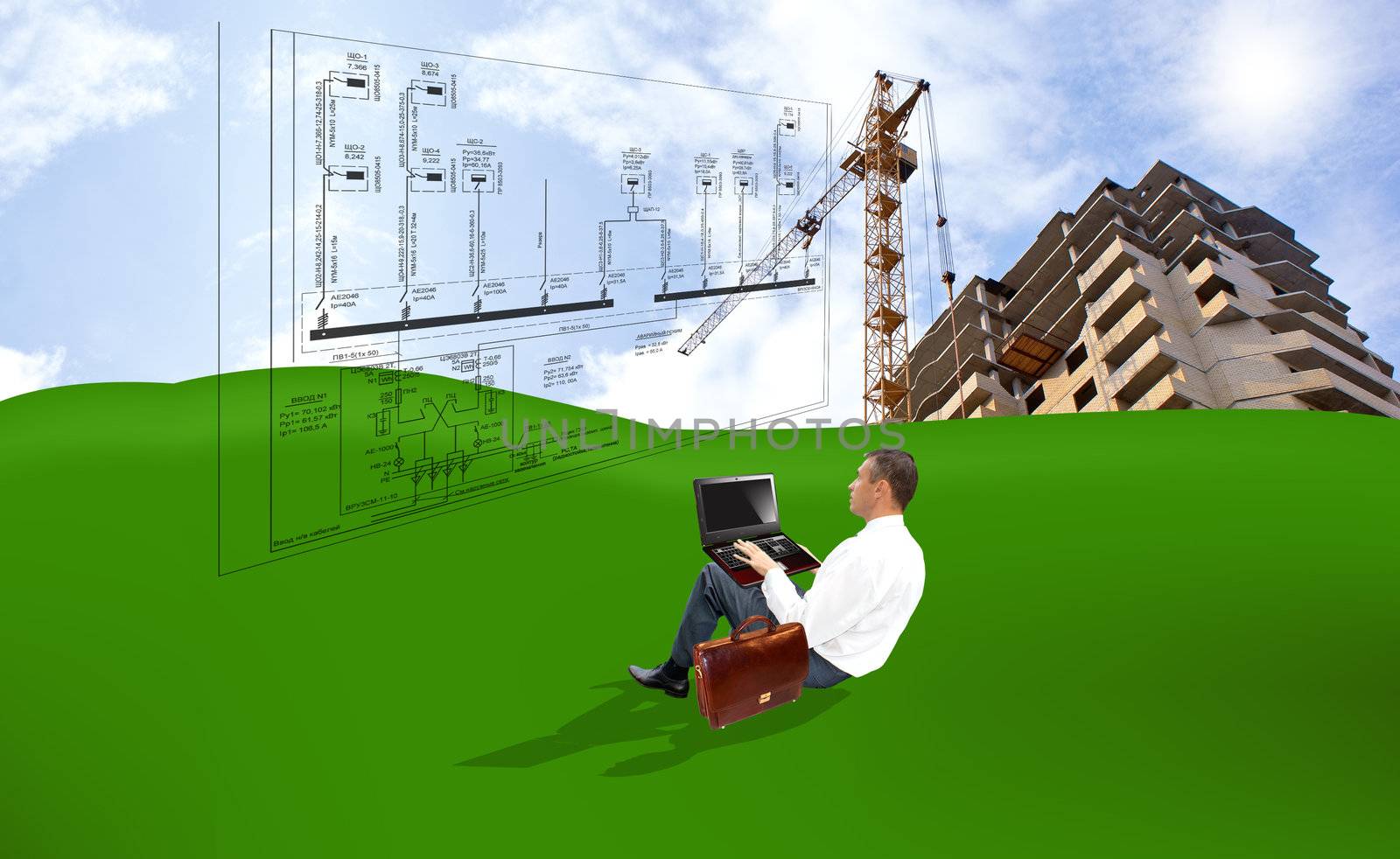 Innovative engineering building designing on a green field under the blue sky