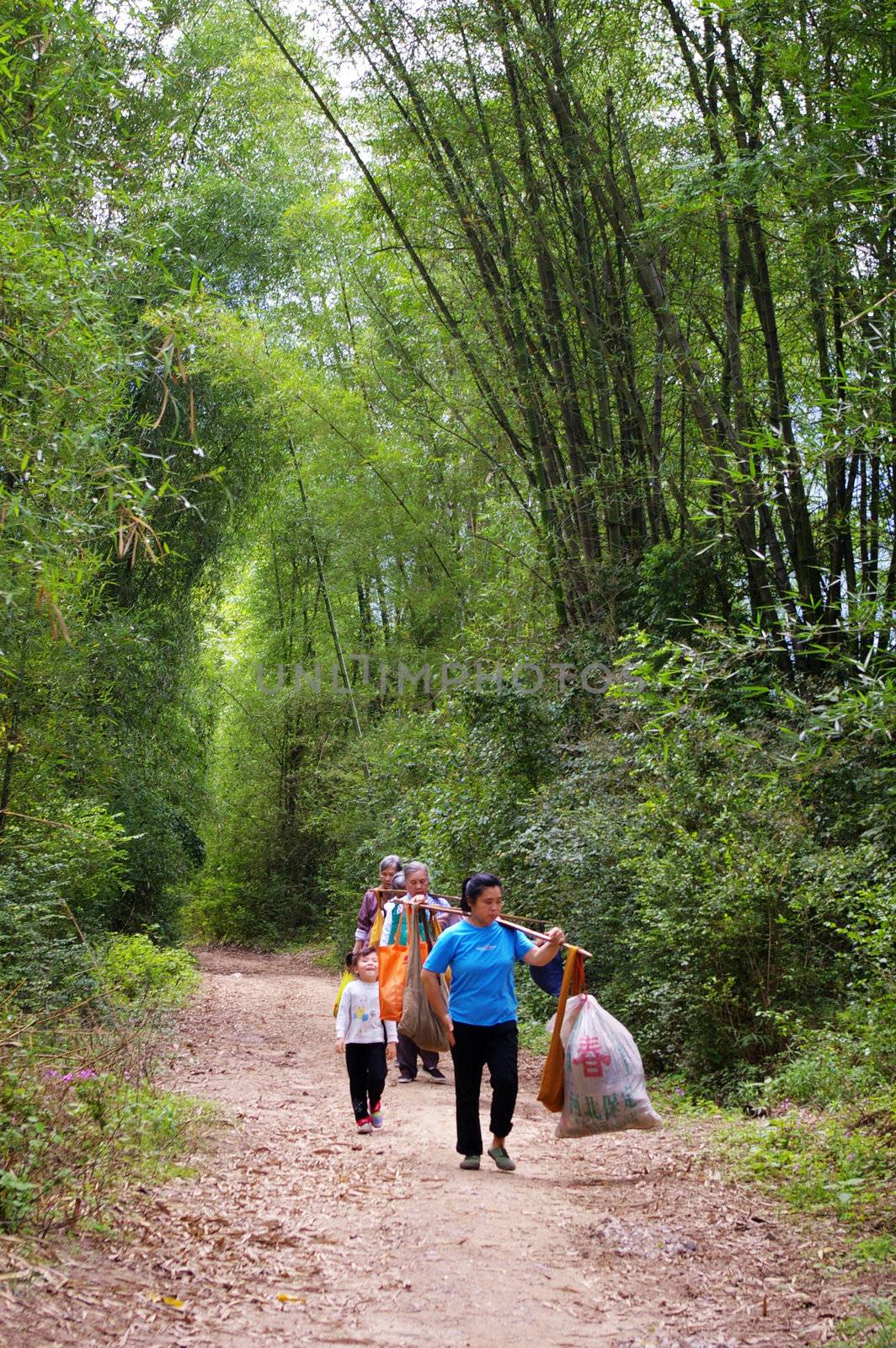 Chinese farmers walking along bamboo forest by kawing921