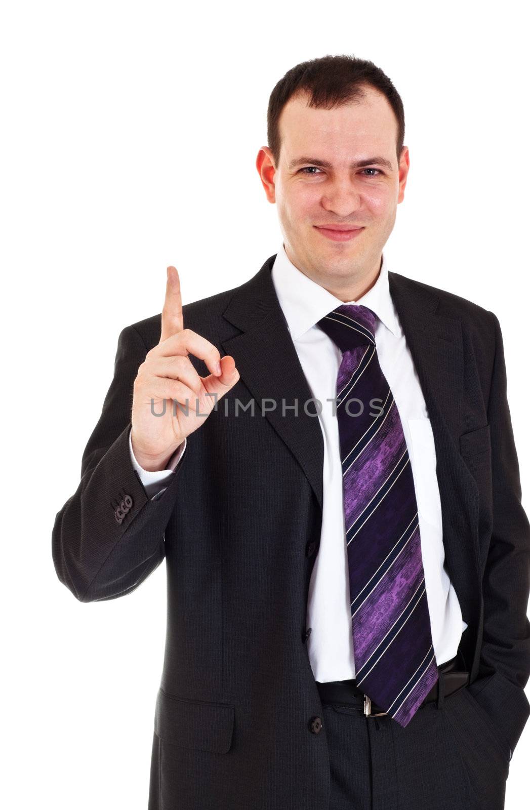 smiling businessman raise finger up on white background