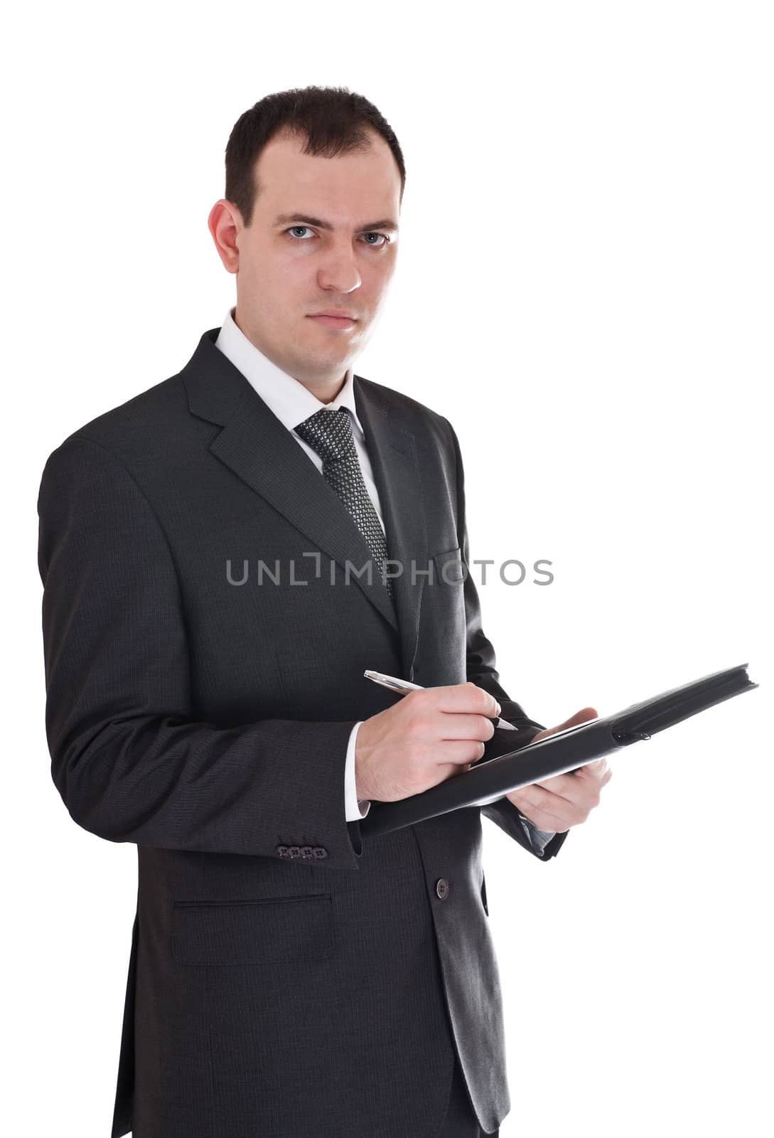 businessman with pen and notepad isolated on white