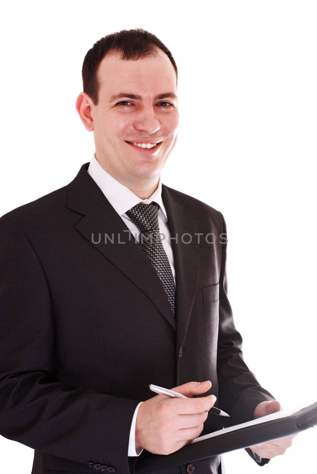 smiling businessman with pen and notepad isolated on white