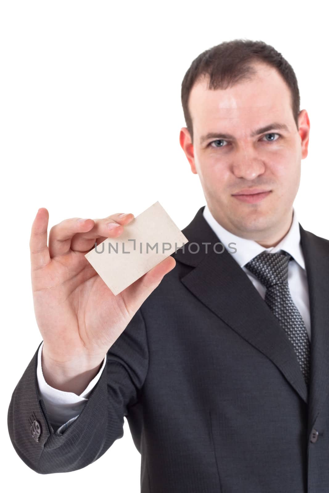 businessman show blank card isolated on white