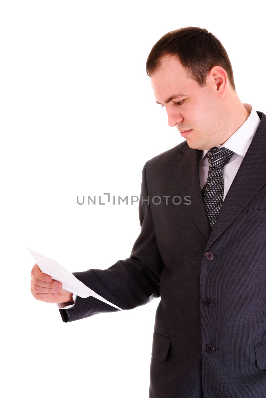 businessman read paper, isolated on white