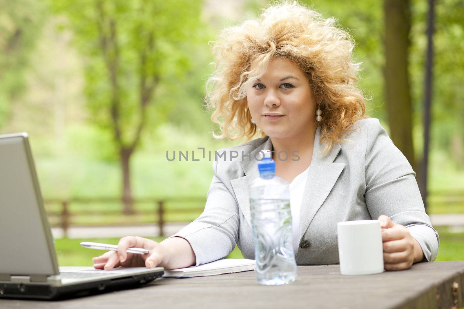 Business Woman using laptop in park by adamr