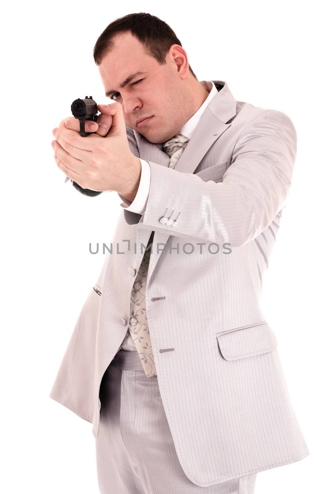 man with gun in hand isolated on white background