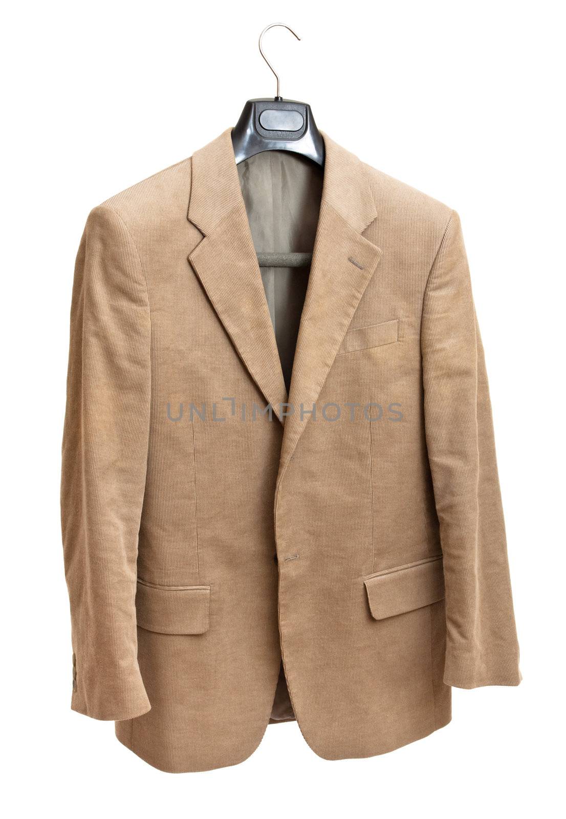 beige jacket on hanger isolated on white background