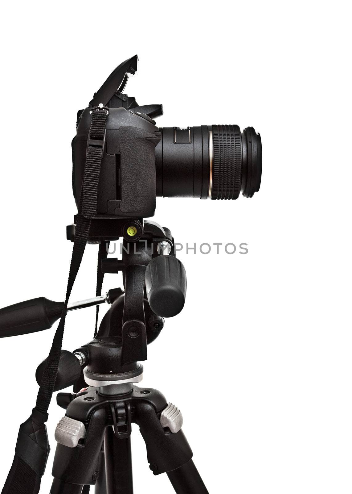 dslr camera on tripod, white background