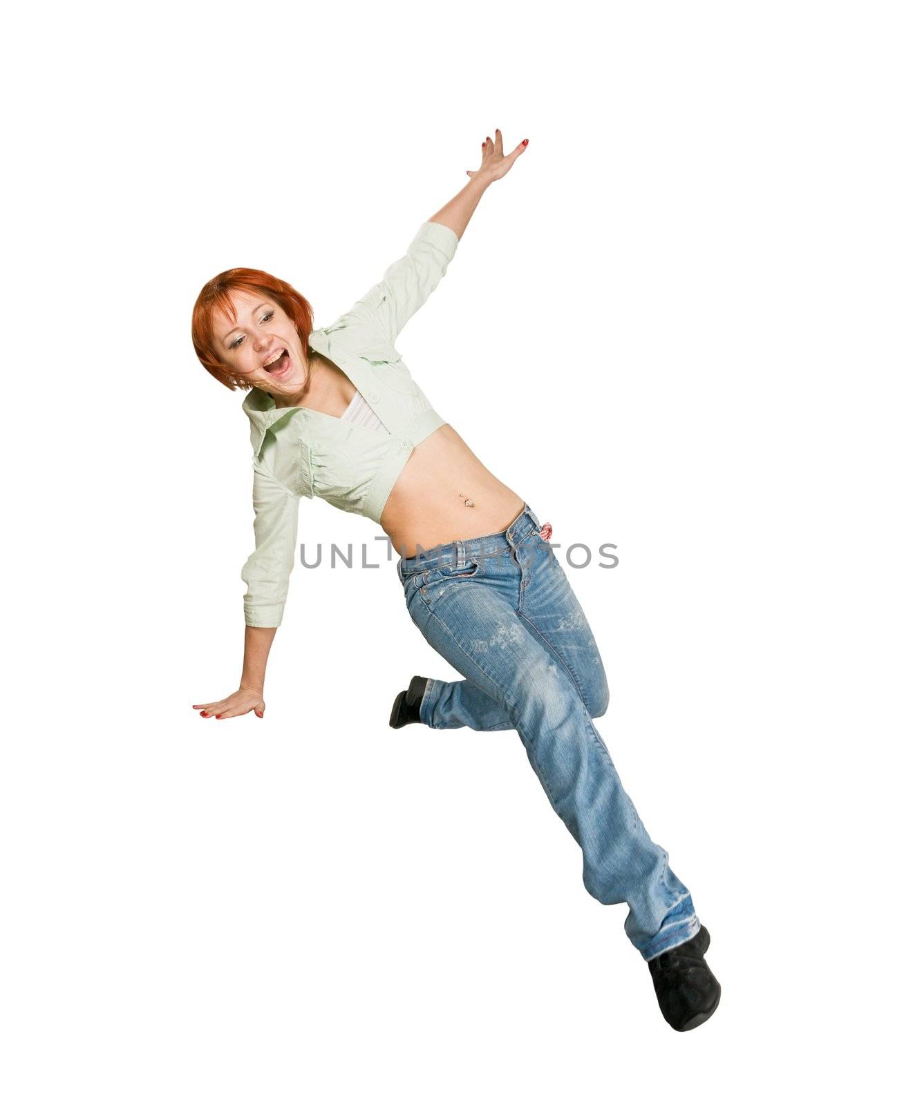 Active parkour red girl jumping in the studio