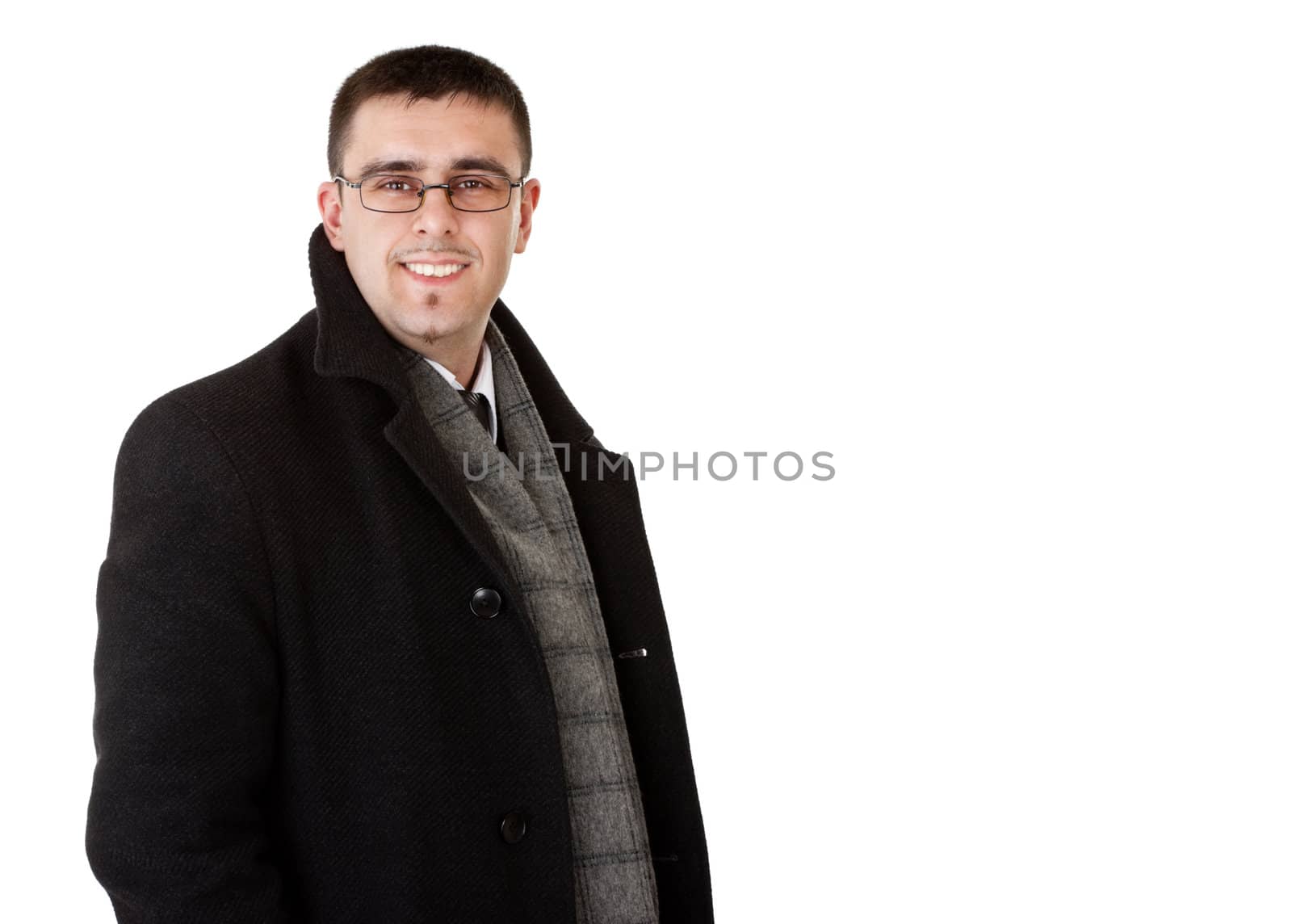 smiling businessman in autumn coat, white background